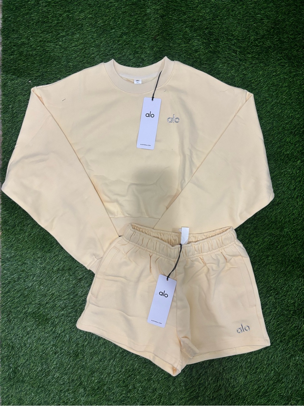 Alo Yellow Cropped Crewneck + Shorts Set